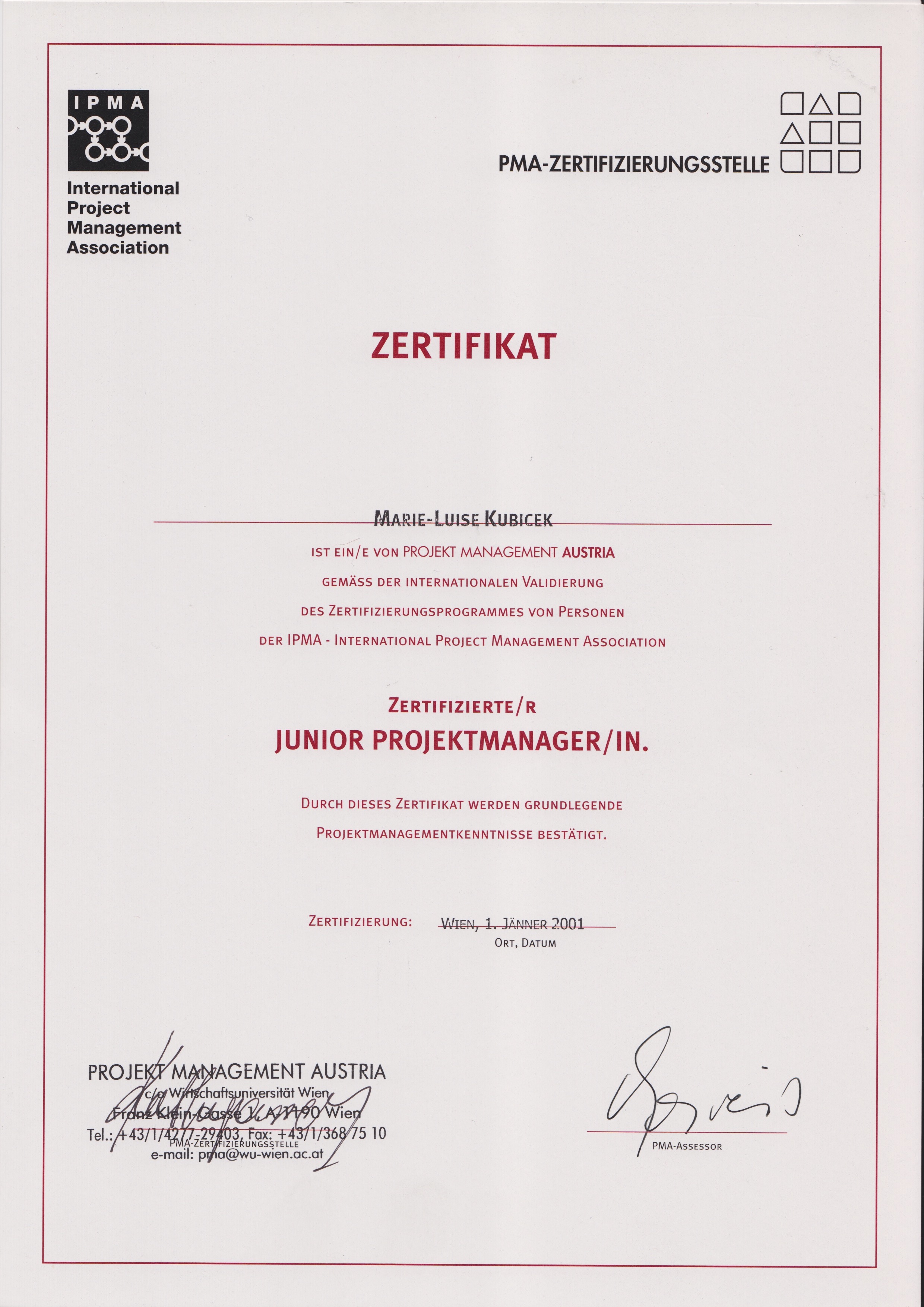 Zertifikat Junior Projektmanager in